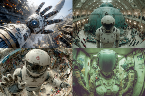 人形机器人火星组装城市建筑流水线画面，对称构图，科技感环境，冷色调，鱼眼镜头，顶光，忙碌动作，科幻元素，震撼情绪。