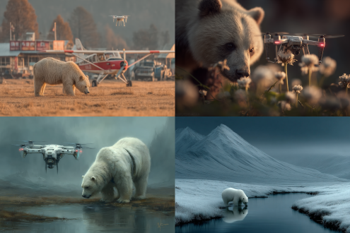 冰雪融化草甸，藏马熊喝水，无人机飞过，三分构图，冷色调，长焦镜头，逆光，荒漠环境，神秘空旷氛围。