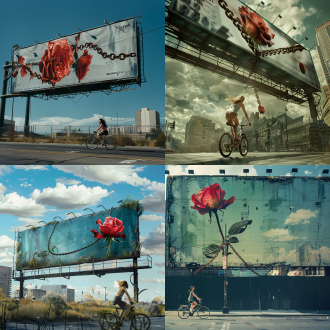 广告牌下骑车女孩，巨大广告牌，锁链缠绕红玫瑰，凋谢，马路边，运动装，女孩，骑车，动感，城市风景，高对比度，广角镜头，自然光，快速移动，鲜艳色彩，孤独感。