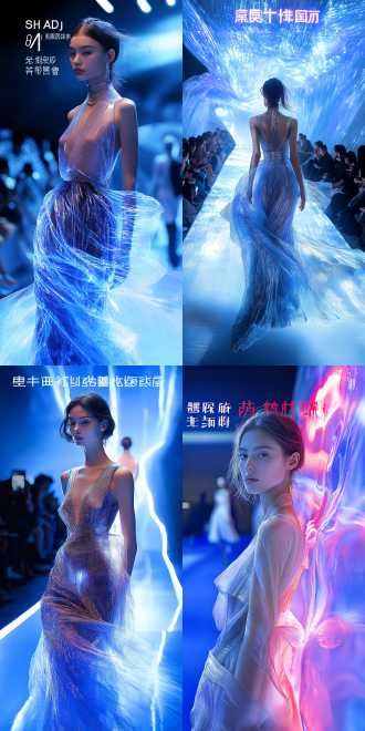 巨大场景，柔软透明材质，克莱因蓝调，时尚未来空间，秀场，广角镜头，高饱和度，冷色调，顶光，动态模糊，科技感，梦幻感。