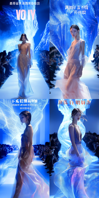 巨大场景，柔软透明材质，克莱因蓝调，时尚未来空间，秀场，广角镜头，高饱和度，冷色调，顶光，动态模糊，科技感，梦幻感。