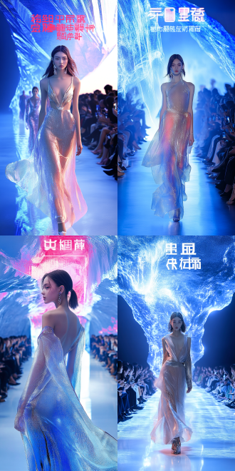 巨大场景，柔软透明材质，克莱因蓝调，时尚未来空间，秀场，广角镜头，高饱和度，冷色调，顶光，动态模糊，科技感，梦幻感。