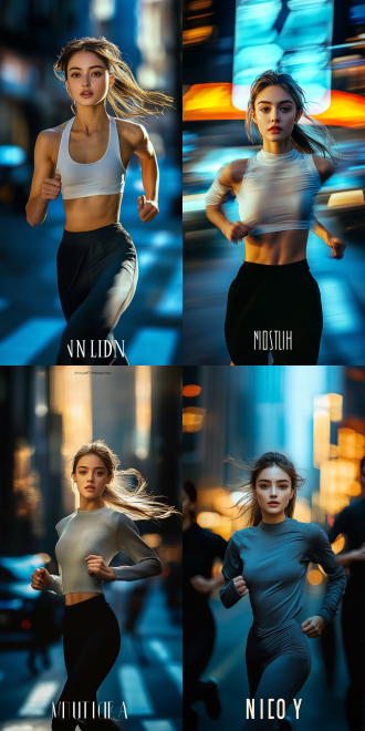 动态，城市街头，运动风格，年轻人跑步，紧身衣，专注表情，高楼背景，长焦镜头，逆光，高速快门，动感模糊，活力四射，鲜艳色彩。