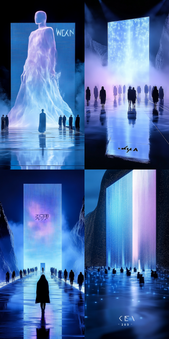 秀场led大屏微小人影，克莱因蓝色调背景，极简主义，高清晰度，舞台中央，长焦镜头，柔和光线，静态捕捉，神秘感。