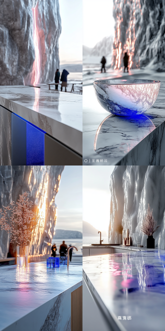 台面，极简主义，现代厨房，大理石纹理，光滑表面，反射光，中性色调，微距镜头，自然光，静态，清洁，平静。