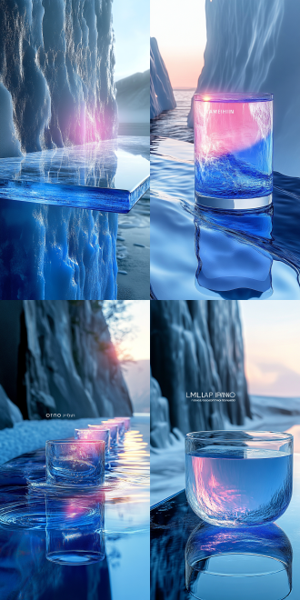 透明台面，蓝色调，极简主义，室内，冷色调，微距镜头，柔和光线，静态，清澈，宁静。