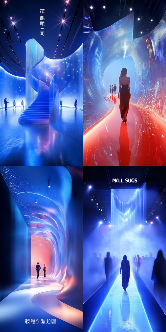 巨大透明秀场，聚光灯，曲面透明顶，发布会盛典，克莱因蓝色调，5%红色配色，抽象造型，大量微小人影，对角线构图，高对比度，现代感，广角镜头，顶光，慢快门，动态模糊，神秘感。