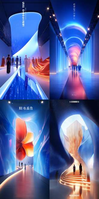 巨大透明秀场，聚光灯照射，曲面透明顶，唯美抽象花造型，盛典氛围，克莱因蓝色调，5%红色点缀，抽象艺术造型，t台延伸，微小人影穿梭，高对比度，广角镜头，柔和侧光，动态模糊，冷暖色调对比，梦幻氛围。