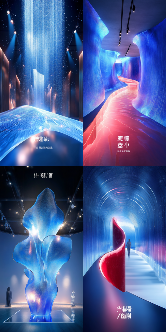 巨大透明秀场，聚光灯照射，曲面透明顶，唯美抽象花造型，盛典氛围，克莱因蓝色调，5%红色点缀，抽象艺术造型，t台伸展，微小人影移动，壮观场景，高对比度，广角镜头，顶光照明，快速快门，动态模糊，冷暖对比，神秘感，优雅动作，梦幻色彩，震撼情感。