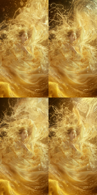 观音菩萨，金色波浪，半透明，飘逸，一手挥动金色水流，一手置于胸前，金色粉末环绕，微笑，海水翻滚，金色波浪，半透明金印，电影风格，超现实主义，梦幻宏伟，神话，远景，全身，全景，极致细节，高质量