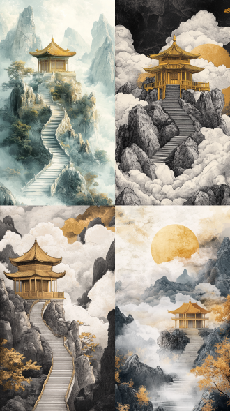a classical eastern-style illustration of a golden pavilion on a mountaintop, surrounded by clouds and rocks, with a winding stone staircase leading up to it. mysterious and serene illustration of a golden pavilion amidst clouds and mountains, with a stone pathway leading to it, in a classical eastern style. detailed and atmospheric illustration of a golden pavilion on a mountain, surrounded by misty clouds and rugged rocks, with a stone staircase winding its way up, in a classical eastern style. harmony between nature and architecture in an illustration of a golden pavilion on a mountain, surrounded by clouds and rocks, with a stone pathway leading up, in a classical eastern style. dreamlike and realistic illustration of a golden pavilion on a mountaintop, surrounded by misty clouds and rugged rocks, with a stone staircase leading up, in a classical eastern style. simple line art, all color are black and white except golden