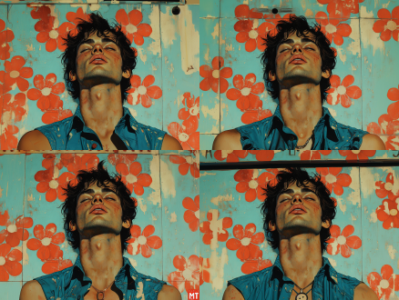 dopamine，a cartoon illustration of a man in a blue shirt over art by mrs butterfly， in the style of grunge beauty， mixed patterns， text and emoji installations， close up， charming character illustrations， folkloric,