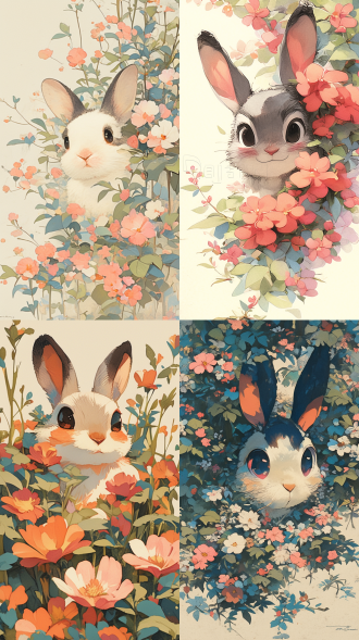 一只可爱的拟人化兔子，从一个充满活力的花圃中窥视。兔子，有着大而富有表现力的黑眼睛和长而直立的耳朵，位于图像的中心，头部略微向右倾斜。兔子的皮毛具有柔软，蓬松的纹理，带有灰色，白色和浅棕色的阴影。兔子周围是许多粉红色的花朵，精致的五瓣形状。花中点缀着绿色的叶子和茎，为现场增添了郁郁葱葱的自然感觉。叶子被描绘成具有微妙的渐变效果，从浅绿色过渡到较暗的阴影，从而产生深度感和质感。背景是普通的浅米色，与花朵和兔子的鲜艳色彩形成鲜明对比，使它们突出。插图的整体风格是异想天开和卡通化的，线条流畅，干净，柔和的调色板,