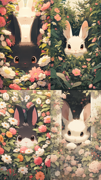一只可爱的拟人化兔子，从一个充满活力的花圃中窥视。兔子，有着大而富有表现力的黑眼睛和长而直立的耳朵，位于图像的中心，头部略微向右倾斜。兔子的皮毛具有柔软，蓬松的纹理，带有灰色，白色和浅棕色的阴影。兔子周围是许多粉红色的花朵，精致的五瓣形状。花中点缀着绿色的叶子和茎，为现场增添了郁郁葱葱的自然感觉。叶子被描绘成具有微妙的渐变效果，从浅绿色过渡到较暗的阴影，从而产生深度感和质感。背景是普通的浅米色，与花朵和兔子的鲜艳色彩形成鲜明对比，使它们突出。插图的整体风格是异想天开和卡通化的，线条流畅，干净，柔和的调色板,