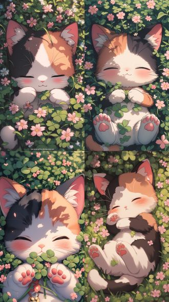 一只可爱的拟人化三花猫在一片三叶草草地上安详地睡觉的宁静场景。三花猫的皮毛具有柔软，蓬松的纹理，带有橘色，黑色和白色的阴影，猫被描绘成闭着眼睛，仰卧着，两只爪子蜷缩在胸前。猫的皮毛细致，显得柔软蓬松。猫周围是散落的粉红色樱花，为场景增添了精致而异想天开的感觉。背景以明亮，清澈的蓝天为主，暗示着晴天。营造出柔和柔和的色调。绘画的整体风格是异想天开和梦幻般的，线条流畅，干净，色彩有限，强调场景的纯净和宁静。猫被三叶草包围郁郁葱葱，充满活力，儿童绘本风格