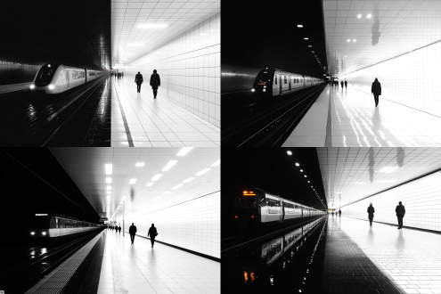 地铁站内，黑白色调，高对比度，左边黑色调，地铁进站的画面，地铁车身有反光，车门和车窗清晰可见，右边白色调，是行人行走的站台，地面有反光，天花板上有排列整齐的灯光，墙壁是白色瓷砖，画面简洁，有现代感，行人穿着冬季服装，背影，远处有站台门和轨道，整体氛围安静而有序，细节丰富，光影效果突出，风格写实
