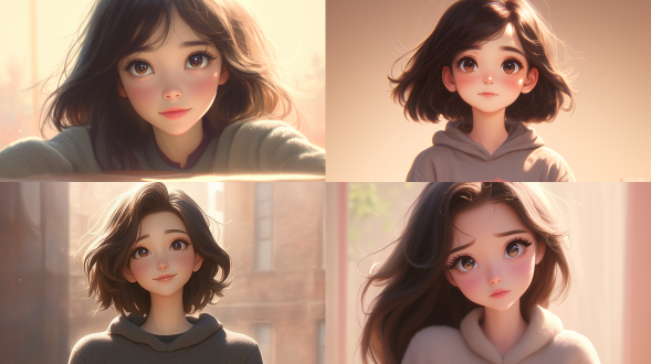 这是一个非常详细的cgi图像的一个年轻女孩与一个柔软的，梦幻般的审美。皮克斯风格，她有一双富有表情的棕色大眼睛，睫毛很长，给她一种温柔无辜的表情。她的脸颊红润，脸上散落着一些雀斑。她的头发是浓郁的深棕色，齐耳短发，有轻微的波浪，以松散，飘逸的股线从肩膀上流过。她穿着舒适的灰色连帽卫衣，为她的外表增添了温暖和舒适感。 背景是柔和的粉红色色调的平滑渐变，营造出宁静而平静的氛围。灯光柔和，投射柔和的阴影，增强了女孩的特征和服装的质感和深度。整体风格高度逼真，注重面部表情和纹理的超现实主义，同时在角色设计中保持异想天开，几乎卡通化的品质。图像捕捉了片刻的沉思或微微的微笑，强调了女孩的纯真和脆弱。构图以女孩为中心，使她成为图像的焦点。,
