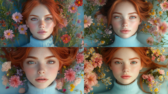 潮流数字3d_sdxl这是一个非常详细的数字创建的图像，具有一个年轻的女人，皮肤白皙，精致，对称的脸。她有一头明亮的红色头发，圆滑，高高的马尾辫，妆容极少但引人注目，脸颊上有淡淡的腮红和淡淡的眼影。她穿着一件充满活力的蓝色高领上衣，领口饰有红色大蝴蝶结。色彩鲜艳，饱和度高，背景是坚实的，生动的蓝色，与女人的服装和构成她的彩色花卉布置形成鲜明对比。 花卉布置郁郁葱葱，精致，混合了粉红色，黄色和紫色的花朵，有些带有精致的白色花瓣。花对称地排列在女人周围，绿色的叶子和茎增加了纹理和深度。整体构图平衡，花朵和女人的脸占据中心焦点，被充满活力的蓝色背景包围。图像高度抛光和逼真，在女人的皮肤和衣服上具有光滑，几乎有光泽的纹理，在花朵和叶子上具有略微更哑光的效果。这种风格让人联想到高端时尚摄影，融合了现实主义元素和淡淡的幻想。,