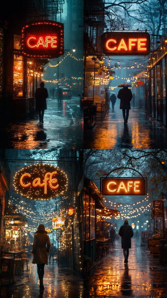 a solitary figure walks through a rain-soaked city street at night, passing by a warmly lit cafe with a neon sign reading 'cafe' and strings of lights above the entrance, the scene captured from a low angle with the wet pavement reflecting the golden glow of the lights, creating a cozy and inviting atmosphere.