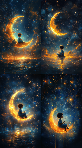 创作一幅9:16比例的梦幻画面，梦工厂logo风格，画面主体是一个小男孩剪影坐在空中月牙形状的月亮上钓鱼，小男孩和月亮位于画面左上方，整体色调以蓝色为主。背景是满天星星点点，营造出一种魔幻而宁静的氛围。小男孩穿着浅蓝色的衣裳，头发是黑色的短发卷发，他专注地盯着手中银色的鱼线，鱼线垂入下方的星海之中。月亮呈现出柔和的黄色，与蓝色调的背景形成对比，周围环绕着一些闪烁的星星，有的星星还散发着淡淡的光芒，仿佛在诉说着古老的童话故事。画面整体构图平衡，细节丰富，充满了梦幻与魔幻的元素，让人仿佛置身于一个宁静而神秘的夜晚
