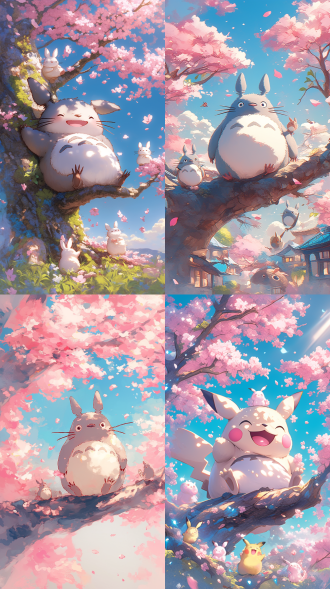 hayao miyazaki.totoro sitting on a cherry blossom tree， with a happy expression， surrounded by pink petals floating in the air. other small totoros playing around him， in a cartoon style， colorful， in the style of studio ghibli and hayao miyazaki's work and art style. full body shot， high resolution， high detail， close-up， with a blue sky background and no clouds. sunlight shining down from behind the character， with bright colors and light effects， creating a joyful atmosphere,