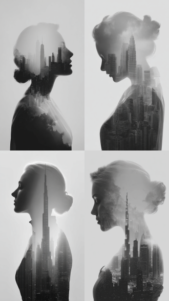 这是一张黑白色调的多重曝光照片，以女性头部和上部躯干的轮廓与城市景观叠加在一起。女人的头稍微向右倾斜，她的头发在后面整齐的发bun中定型。她的面部特征是不可见的，创造了一个神秘而神秘的表情。以摩天大楼为主导的城市景观在轮廓中突出显示，高大细长的建筑物，可能是塔楼或尖顶，在中心突出。城市景观略微模糊，给人一种梦幻般的、近乎超现实的品质。背景是浅色到深灰色的渐变，增强了轮廓和城市景观之间的对比度。该照片具有单色调色板，没有颜色，强调了鲜明的对比和叠加元素的戏剧性效果。女人皮肤的纹理是光滑的，而城市景观的纹理由于模糊而更加抽象。照片的整体情绪既是城市的，也是内省的，重点是人类形态与现代城市环境之间的相互作用。
