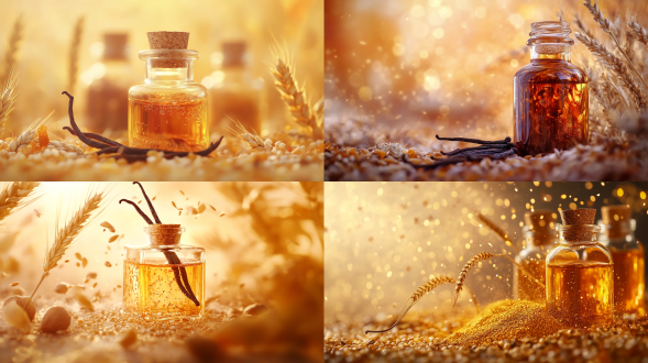 食品香精香料与天然原料，极简现代构图，浅景深，暖橙色调，柔和光，玻璃瓶装香料，香草豆等漂浮，谷物麦穗散落，4k超清，柔焦光晕。