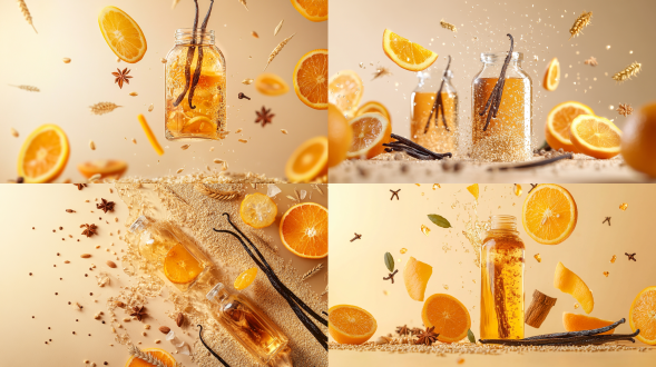 食品香精香料与天然原料，高清产品摄影，温暖橙黄色调，柔和光线，自然质感背景，漂浮的香草豆、桂皮、丁香、香橙片，散落的谷物与麦穗，玻璃瓶装香料，晶莹液体飞溅，新鲜水果切片，极简现代构图，浅景深，商业级细节，4k超清，柔焦光晕，柔和阴影，淡雅米白色背景，手绘植物装饰线条，抽象几何图形点缀