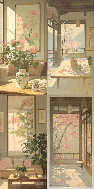 冬日暖阳下家居场景，光影交织，柔和色调，逆光，温馨惬意，参考画作风格，中景，暖光，对称布局。