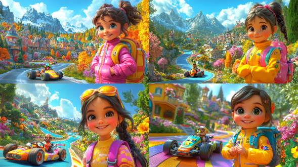 可爱q版小姑娘背书包站卡丁车旁，三分法构图，卡通风格，户外赛道，超广角镜头，顶光，微笑，暖色系，活泼。