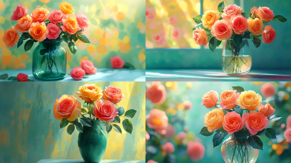 花瓶插着玫瑰，中心构图，复古风格，室内，微距镜头，逆光，高饱和度，安静氛围，暖黄与红。