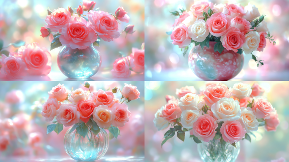 花瓶插玫瑰，对称构图，复古风格，室内，微距镜头，逆光，柔焦，静态，优雅，红与白配色。