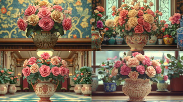 花瓶插玫瑰，对称构图，复古风，室内，浅景深，逆光，暖黄调，优雅，宁静。