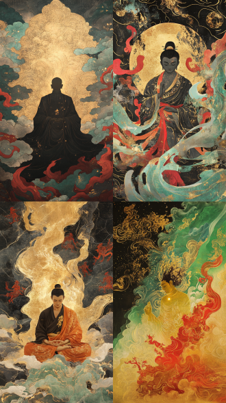敦煌壁画色彩，祥云缭绕，绿风缭绕，uv显色，岩彩，融合金箔，鎏金，金色亮片，金光。奇幻艺术风格，画面主体是一个身体边缘发光正在打坐的和尚，上半身特写，从画面边缘的四周出来很多狰狞的红色人物剪影，这些狰狞的妖魔鬼怪从四周左右上下而来，挣扎着靠近和尚。黑色、红色、金色，黄色、灰色和绿色为主色调，通过岩彩艺术将所有元素和谐融合在一起，创造出独特的视觉效果。使用中国传统色彩传达出古典和神秘的感觉。奇幻艺术美学、电影灯光、中国怪诞美学、浪漫风景、细线条、虚幻引擎渲染、空灵渲染、仙境背景、自然光， 超高清，16k， 精致的细节， 奇幻的灯光效果