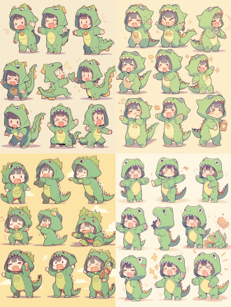 12只黄色小猫咪，身穿绿色霸王龙睡衣，多种表情姿势，表情包风格版画，暖色调，正面光，开心快乐笑的表情。