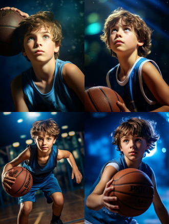 a young boy shoots a basketball on the basketball court, the eyes are focused, short brown hair, blue sportswear, be quick in action, whole body, outdoor natural light, photography, ultra-clear texture，solid color background 篮球场