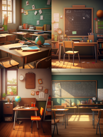 classroom scene, desk, blackboard, schoolbag, c4d rendering, oc rendering, soft light