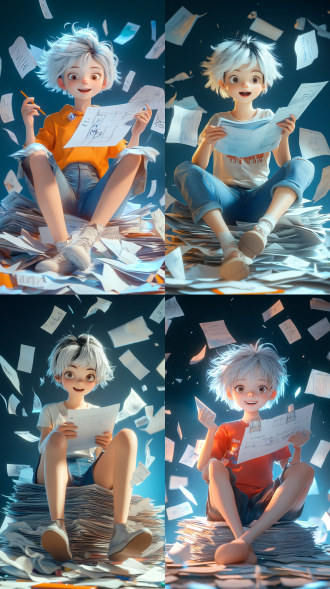 白色短发女孩，短发波波头，坐在一堆试卷上，拿着一张试卷，周围散落纸张，休闲服装，明亮场景，暖色调，活泼表情，对角线布局，广角镜头，侧光，快速快门，纸张散落，专注，轻松。