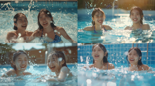 两个亚洲18岁少女泳装泳池戏水，4k写实，对称构图，泳池边，明亮色调，标准镜头，自然光，水花四溅，欢笑，活力。