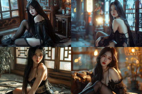 长发东亚美女，清凉装扮，室内光线，柔和灯光，温暖氛围，黑色丝袜，高跟鞋，全身照，超写实风格，细节丰富，质感细腻，广角镜头，自然光，高分辨率，优雅姿态，迷人眼神。