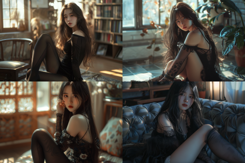 长发东亚美女，清凉装扮，室内光线，柔和灯光，温暖氛围，黑色丝袜，高跟鞋，全身照，超写实风格，细节丰富，质感细腻，广角镜头，自然光，高分辨率，优雅姿态，迷人眼神。