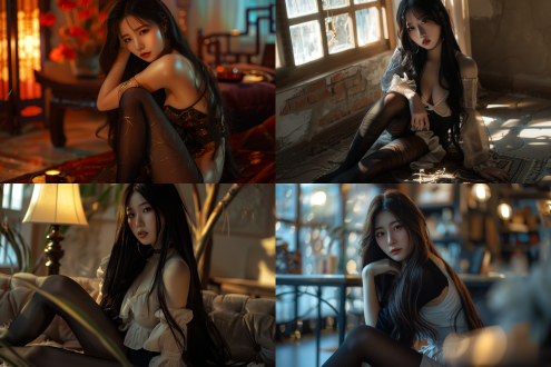 长发东亚美女，清凉装扮，室内光线，柔和灯光，温暖氛围，黑色丝袜，高跟鞋，全身照，超写实风格，细节丰富，质感细腻，广角镜头，自然光，高分辨率，优雅姿态，迷人眼神。