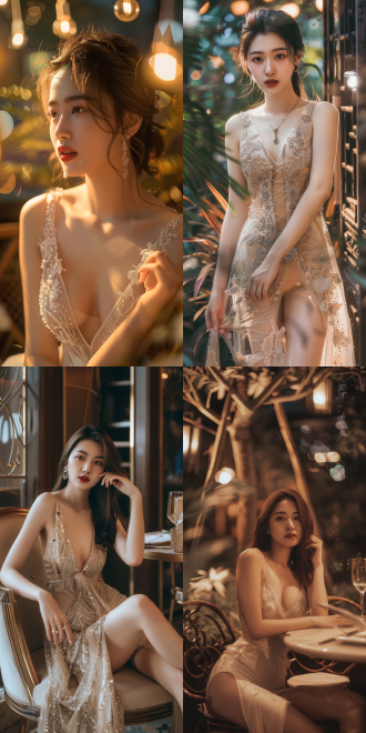 中国年轻22岁女性，花园，大长腿，低胸晚礼服，御姐风，高跟鞋，精致妆容，时尚风格，高档餐厅，优雅布局，柔和灯光，长焦镜头，浅景深，侧光，自信微笑，奢华装饰，暖色调，魅力四射。