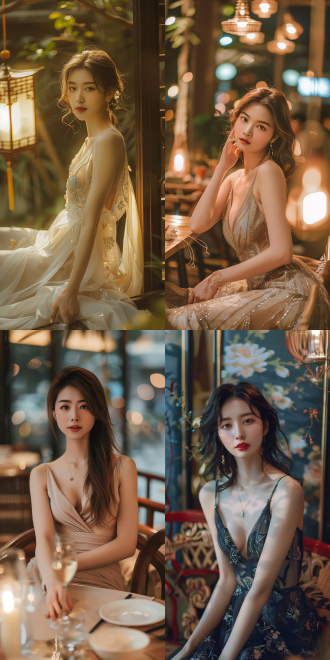 中国年轻22岁女性，花园，大长腿，低胸晚礼服，御姐风，高跟鞋，精致妆容，时尚风格，高档餐厅，优雅布局，柔和灯光，长焦镜头，浅景深，侧光，自信微笑，奢华装饰，暖色调，魅力四射。