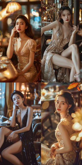 中国年轻22岁女性，花园，大长腿，低胸晚礼服，御姐风，高跟鞋，精致妆容，时尚风格，高档餐厅，优雅布局，柔和灯光，长焦镜头，浅景深，侧光，自信微笑，奢华装饰，暖色调，魅力四射。