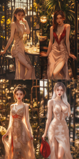 女帝，花园，长发飘逸，大长腿，低胸晚礼服，御姐风，高跟鞋，精致妆容，时尚风格，高档餐厅，优雅布局，柔和灯光，长焦镜头，浅景深，侧光，自信微笑，奢华装饰，暖色调，魅力四射。