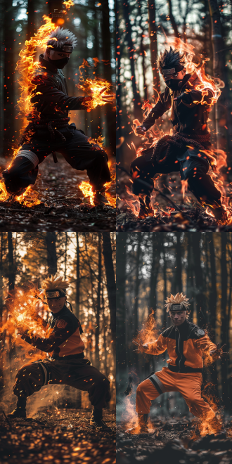 火影忍者，动态姿势，森林背景，暗色调，长焦镜头，逆光，高速快门，忍者装，专注表情，火焰特效，神秘感。