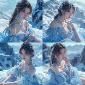 动漫女性全身艺术，冰冻蓝色皮肤，虚幻引擎，浪漫主题，雪山和冰，照片写实，可爱卡通，非常美丽的女性，雪纺，纯净肌肤，可爱美丽，奢华，3d，全身，雪山背景，冰晶细节，柔和光线，冷色调，细腻肌肤，优雅姿态，浪漫氛围，超现实，高清，细腻纹理，梦幻效果。