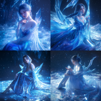 亚洲女性全身艺术，冰冻蓝色皮肤，虚幻引擎，浪漫主题，银河宇宙和星云，照片写实，非常美丽的女性，雪纺，纯净肌肤，奢华，全身，星空背景，冰晶细节，柔和光线，全身肖像，超现实，高分辨率，广角镜头，冷色调，梦幻，神秘，优雅。