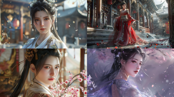 中国风古代美少女全身像，场景宏大，画质清晰，身着华服表情端庄，流光溢彩，写实视角，长焦镜头，正面光，静止，优雅，冷色调。